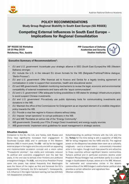 Competing External Influences in South East Europe – Implications for Regional Consolidation