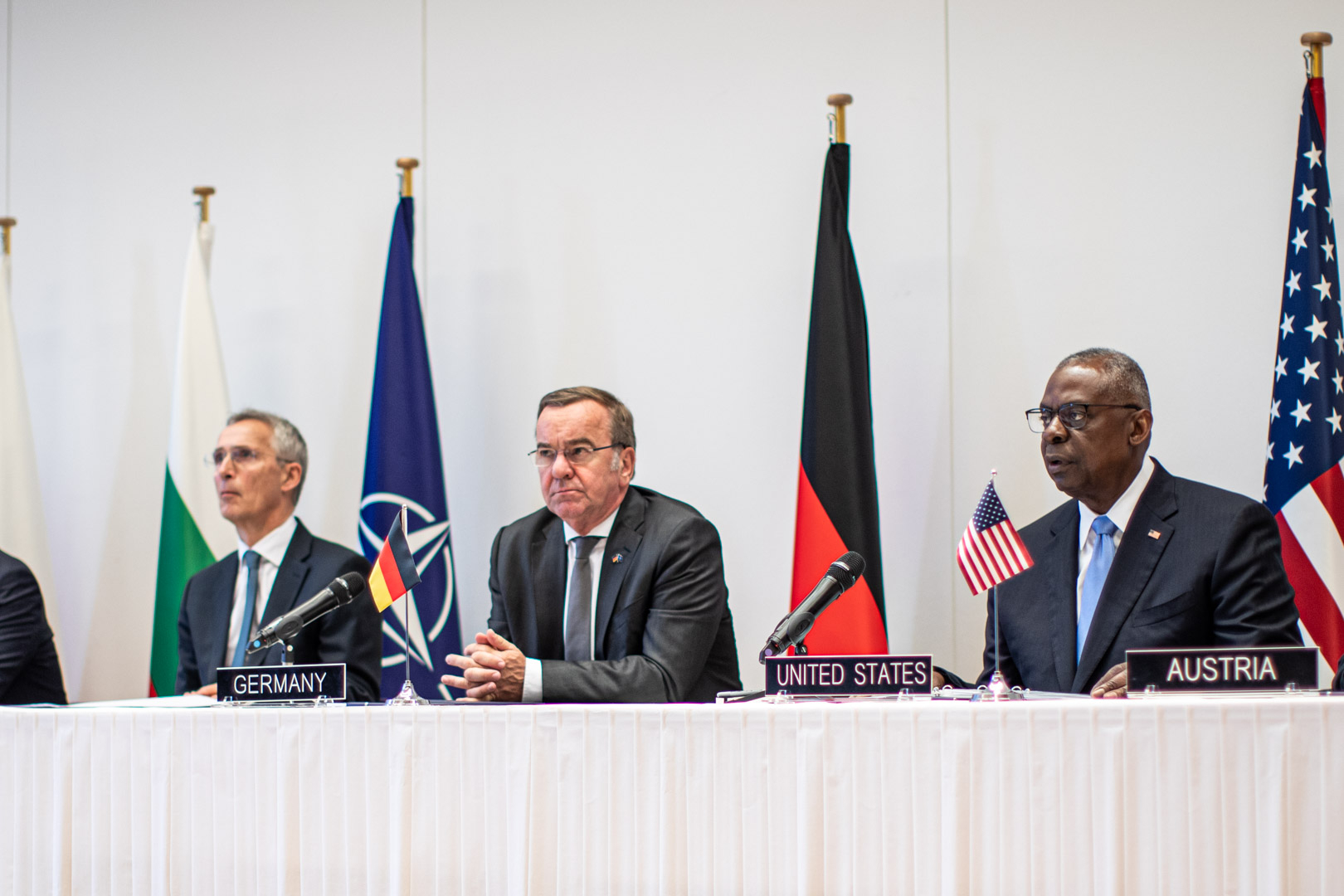 NATO Secretary General Stoltenberg, German Defence Minister Pistorious, and Secretary of Defense Austin